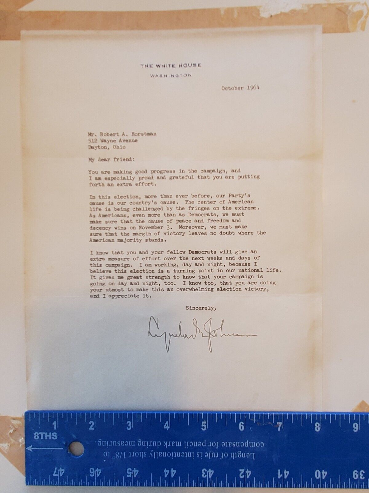 Lyndon B Johnson signd lttr to R Horstman Chairman Democratic Exec Com 1964 Ohio