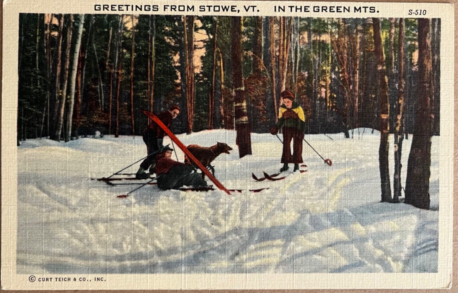 Stowe Vermont Green MountaIns Snow Skiers with Dog Vintage VT Postcard 1940