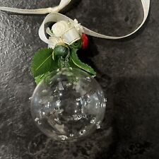 Vtg Hand Blown Clear Glass  Speckled Christmas Ornament Silk Flowers Red White picture