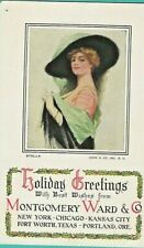 Montgomery Ward & Co Trade Card Vintage Holiday Greetings Stella Lady Big Hat  picture