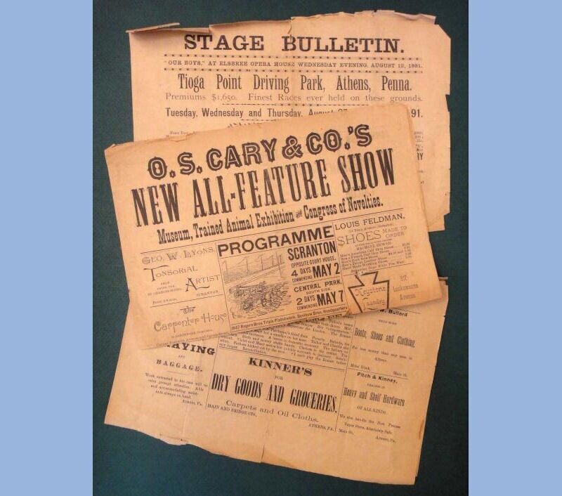 LOT 1891 antique ATHENS PA STAGE BULLETIN paper OS CARY PROGRAMME scranton pa