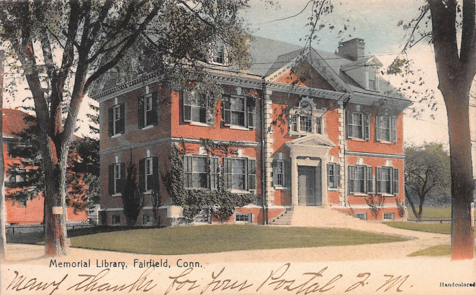 Memorial Library, Fairfield, Connecticut, Very Early Hand Colored Postcard