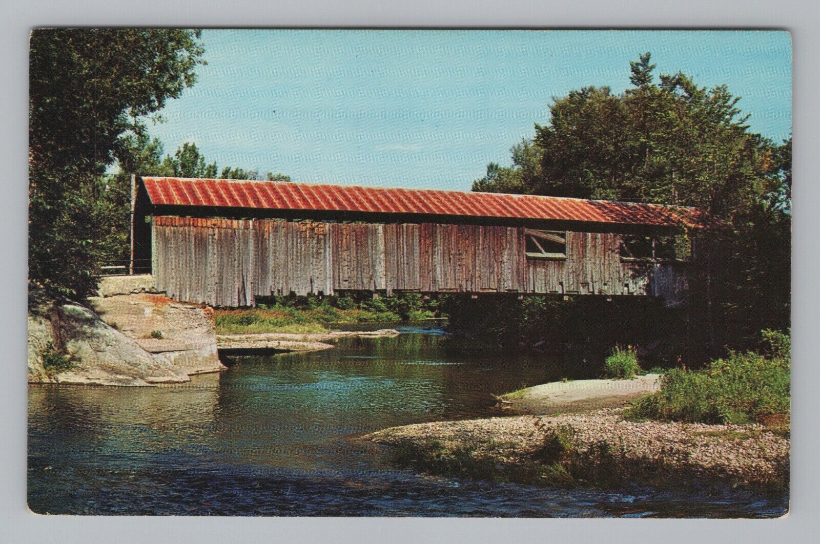Postcard Waitsfield Vermont Old Covered Wood Bridge Scenic River View VT