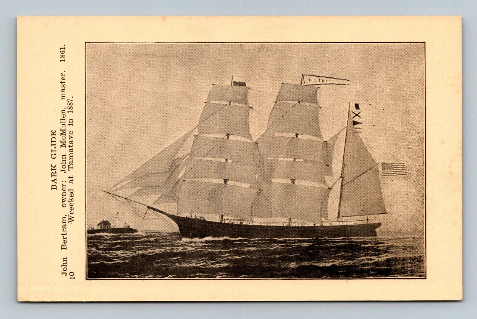 Essex Institute Tall Schooner Ship Series c1920s-30s Postcard #10 BARK GLIDE