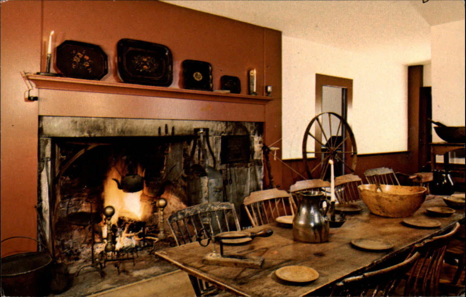 Vermont Shaftsbury Matteson Tavern Museum interior spinning wheel ~ postcard