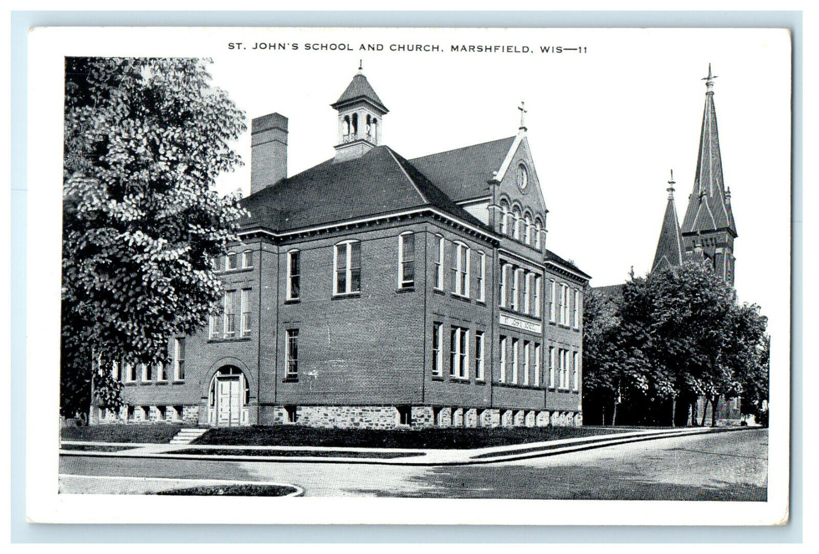 c1950s St. John's School and Church, Marshfield Wisconsin WI Postcard