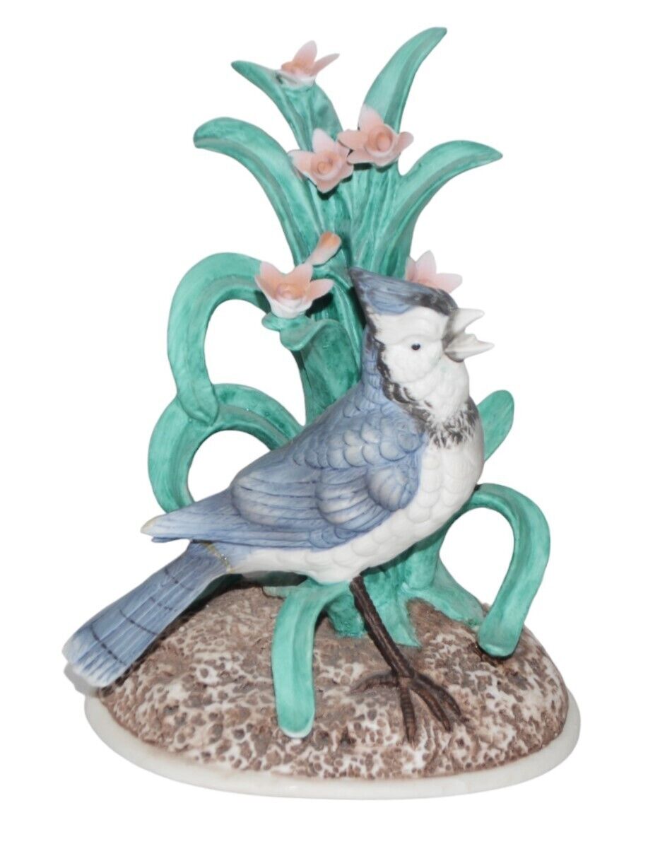 Vintage Royal Crown Blue Jay Bird Figurine Pink Flowers Ceramic 6.5\
