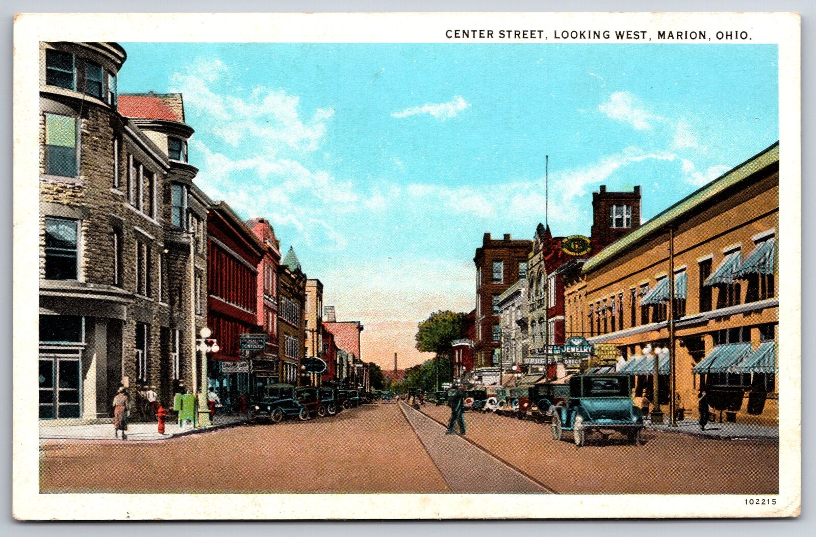 Marion Ohio~Center Street West~Jewelry~1920s Postcard