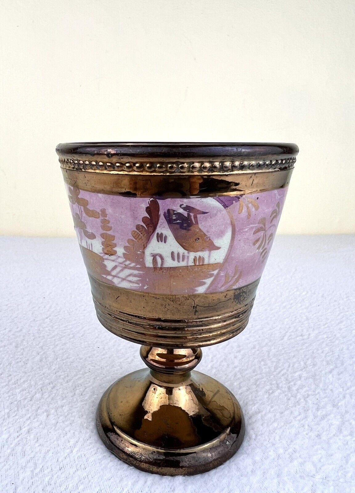 Antique Copper and Pink Lustre Wine Goblet Mid 1800\'s Sunderland English 3 7/8\