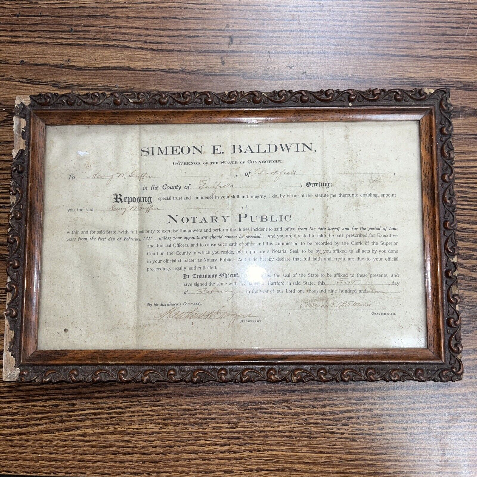 1911 Connecticut Governor Baldwin Signed Notary Public Appointment Brookfield CT