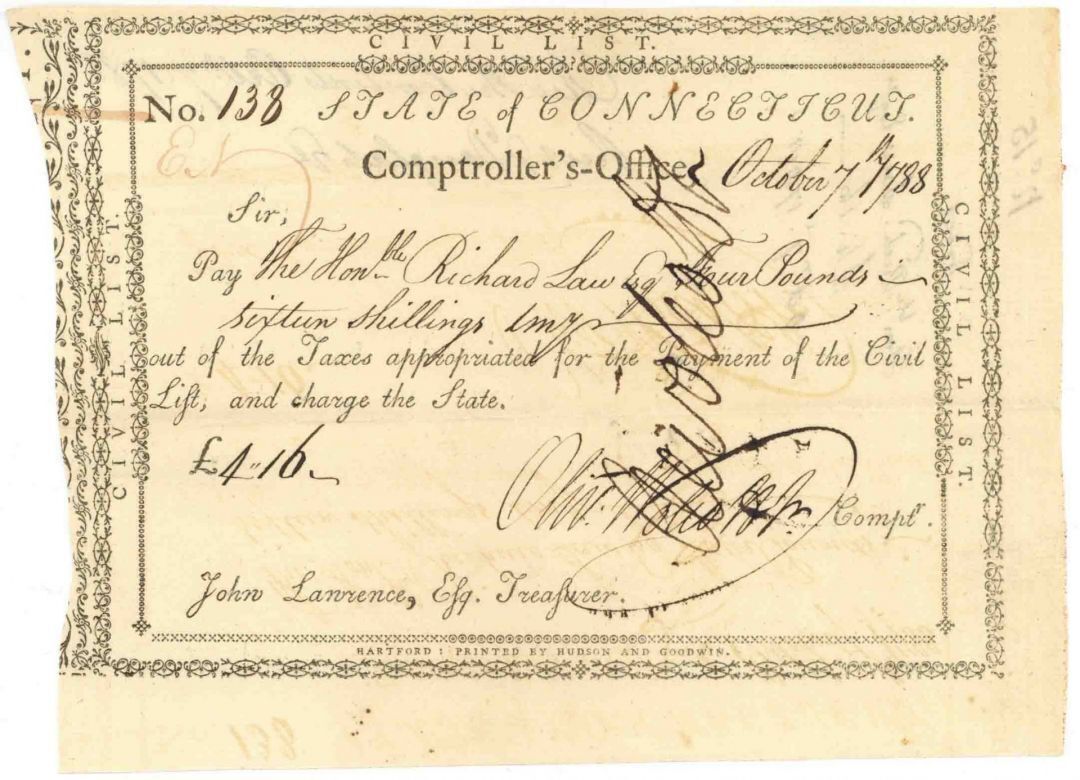 Pay Order signed twice by Oliver Wolcott Jr. - Connecticut - American Revolution