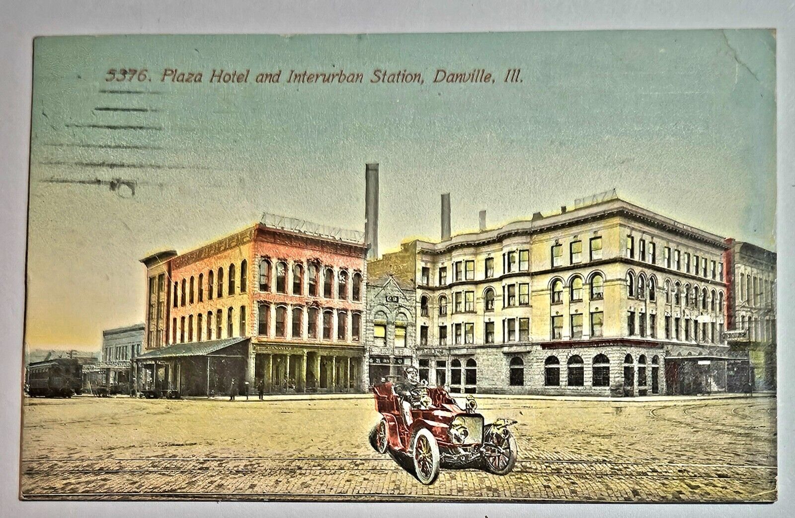 Vintage Postcard Danville, Illinois PLAZA HOTEL/INTERURBAN STATION/Town Square
