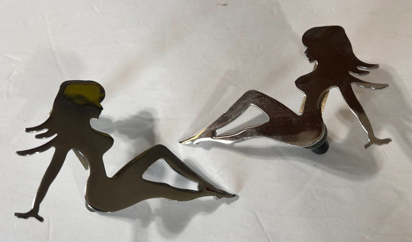 (2) Chrome Trucker Mud Flap Girl Silhouette Bolt On 3x4  inches  nos NEW
