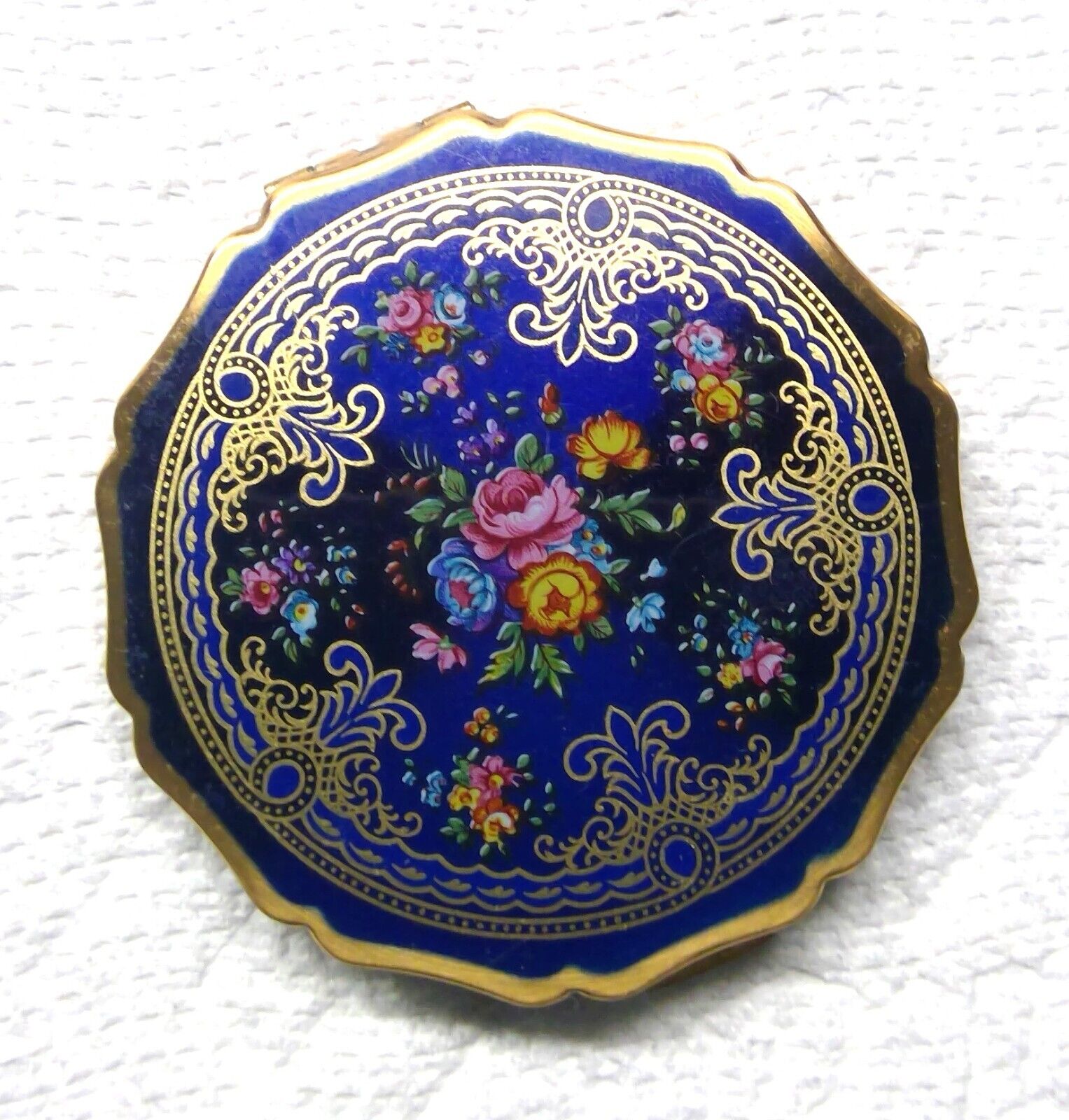 Vintage 1950\'s STRATTON (England) Blue & Gold Floral Roses Powder Mirror Compact