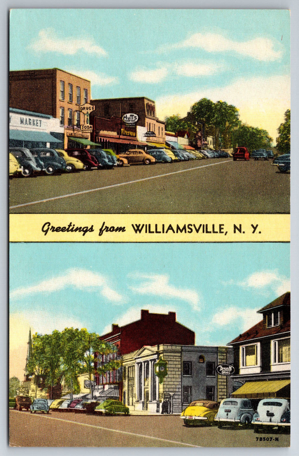 Vintage Postcard NY Williamsville Greetings 40s Cars Shops Hutts Chrome