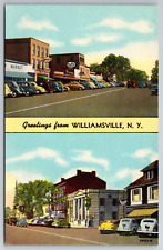 Vintage Postcard NY Williamsville Greetings 40s Cars Shops Hutts Chrome picture