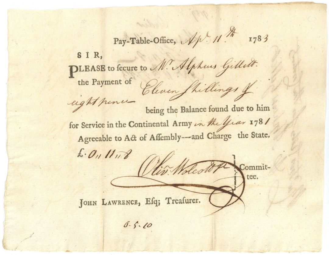 Pay Order Signed by Oliver Wolcott Jr. - 1780\'s dated War Payment Order for Serv