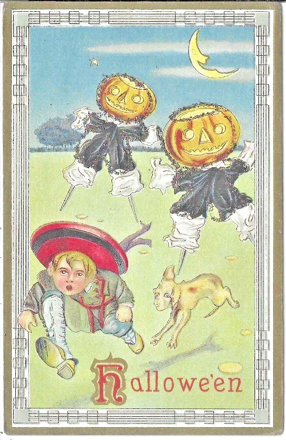 Halloween Postcard L500 BARTON SPOONER JOL Goblins On Stilts Chasing Boy & Dog