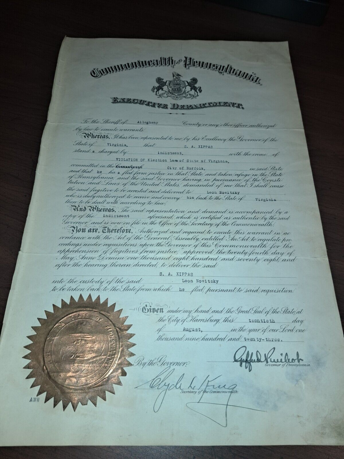 Commonwealth Of Pennsylvania 1923 Arrest Warrant Governor Gifford Pinchot