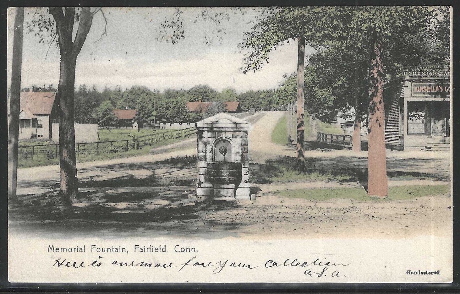 Memorial Fountain, Fairfield, Connecticut, Early Hand Colored Postcard