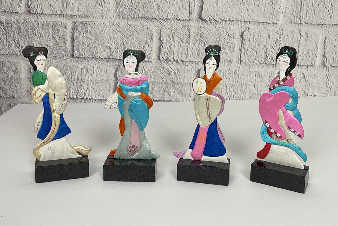 VTG Lillian Vernon Silk Chinese Ladies Set Of 4 With Wood Stands Boxed
