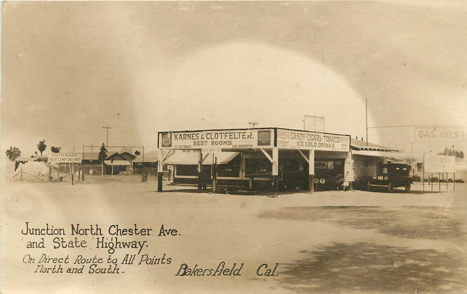 RPPC Postcard Bakersfield CA Karnes & Clotfelter Gas Station Junction Chester Av