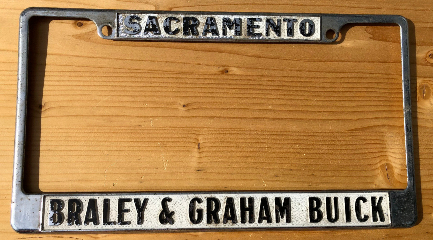 Vintage Sacramento Braley & Graham Buick Metal License Plate Frame Chrome Auto