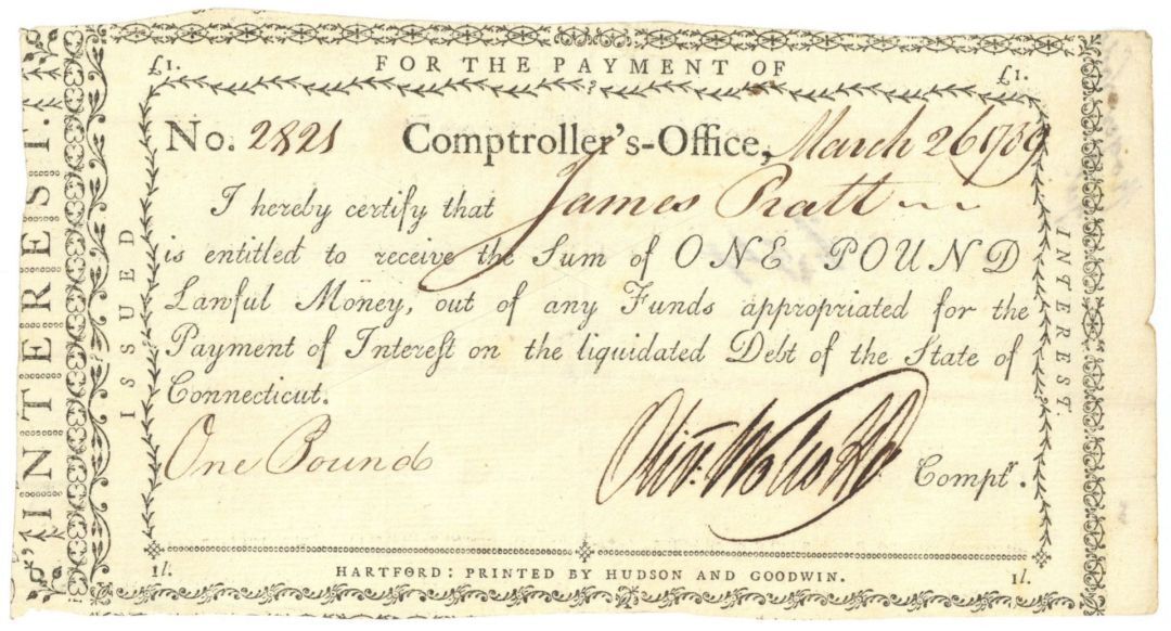 Oliver Wolcott Jr. signed Payment Notice dated 1788-89 - Connecticut - American 