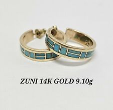 Zuni 14k Gold W/ Turquoise Inlay Hoop Earrings Sheldon & Nancy Westika Signed  picture