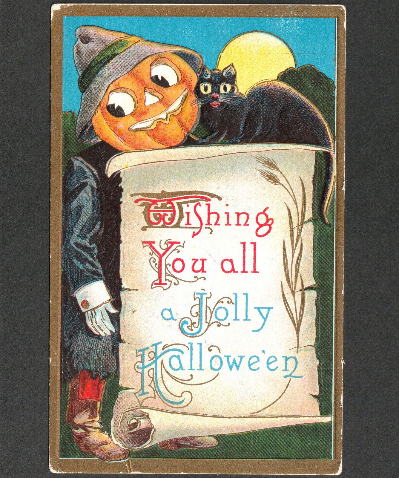 Wishing You All A Jolly Halloween JOL Pumpkin Cat Barton & Spooner 500 PostCard