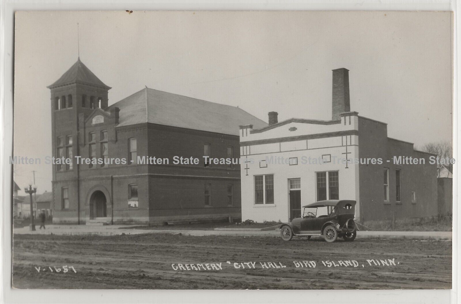 Creamery, City Hall, street, Bird Island, Minnesota; history photo postcard RPPC