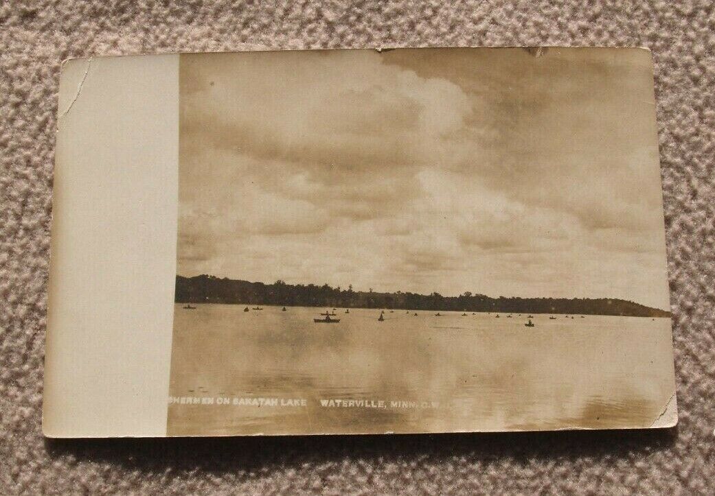 Waterville MN c 1910 RPPC Lake Sakatah Fishermen Boats Real Photo Postcard Minn