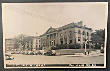 WI - RPPC, CITY HALL AND LIBRARY, Eau Claire, Wisconsin, old cars, 1947, B&W picture