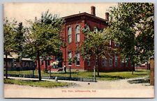 Jeffersonville Indiana~City Hall~Folks @ Door~Grounds Worker on Lawn~c1910 PC picture