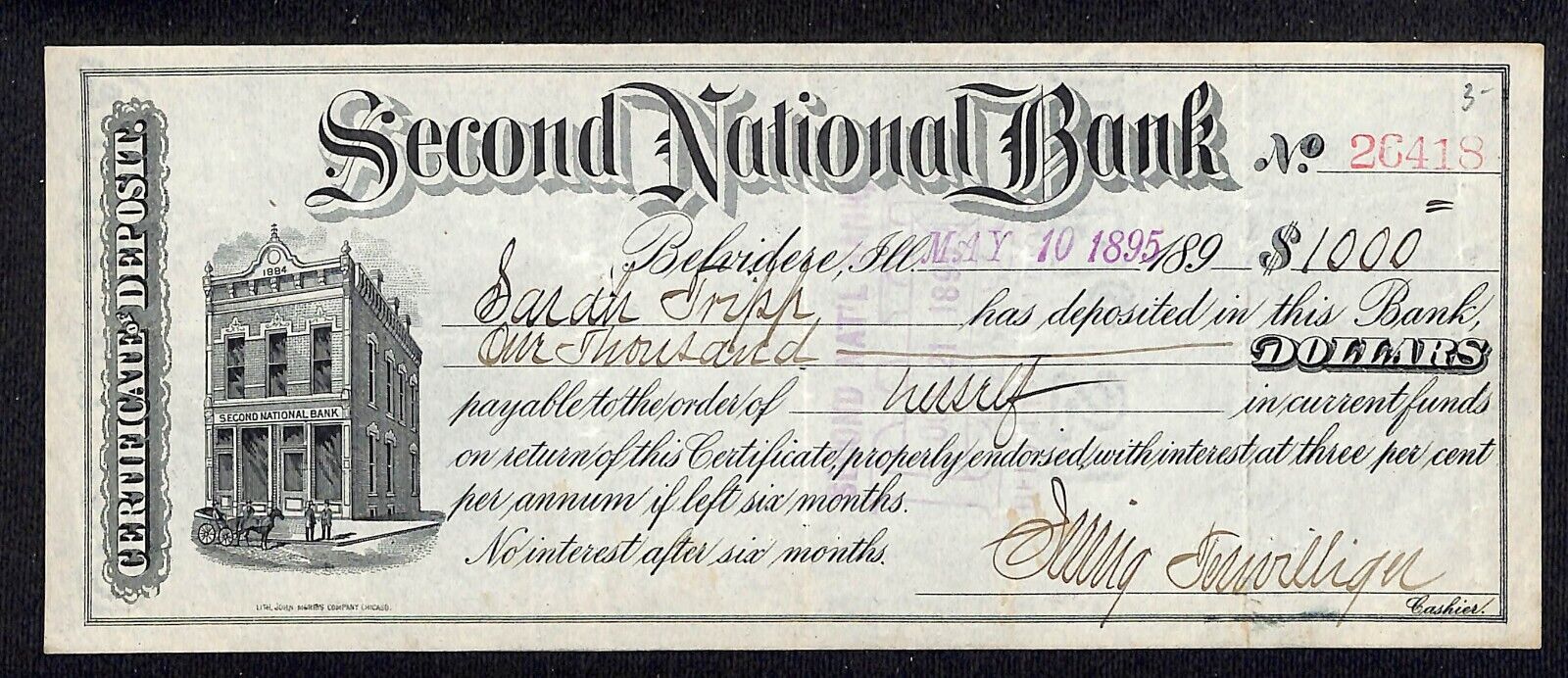 Belvidere, IL 1895 Second National Bank $1,000 Certificate of Deposit - Scarce