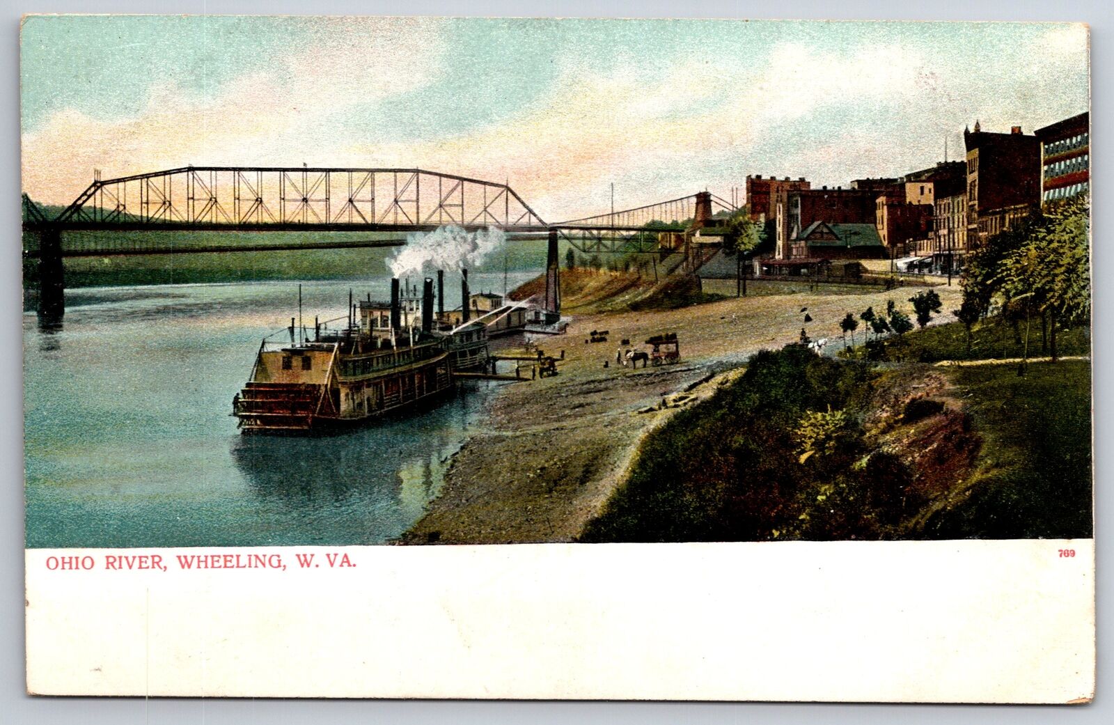 Wheeling West Virginia~Ohio River~Steamer Docked~Bridge~c1905 Postcard