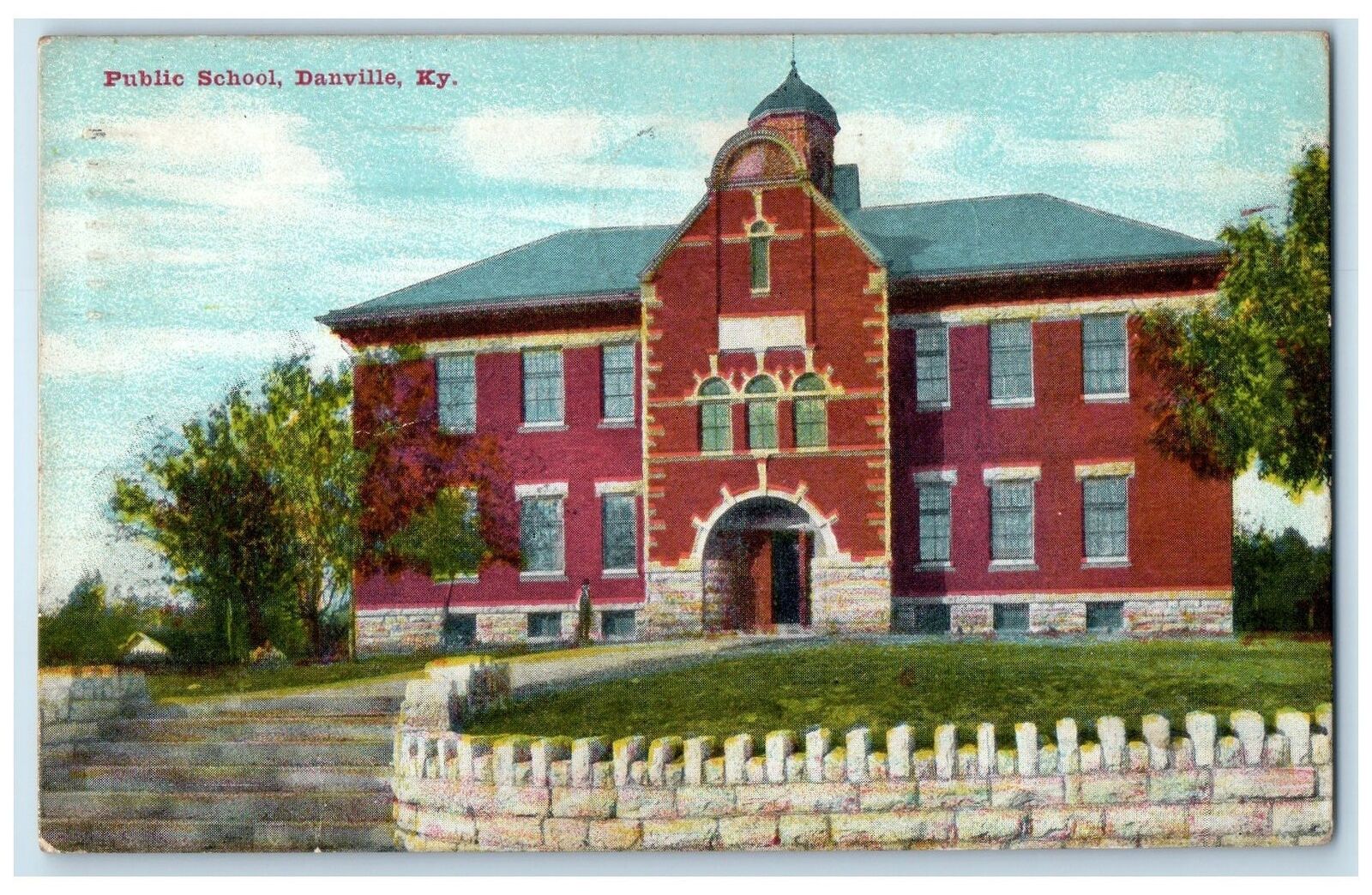 1913 Public School Campus Building Stairs Entrance Danville Kentucky KY Postcard