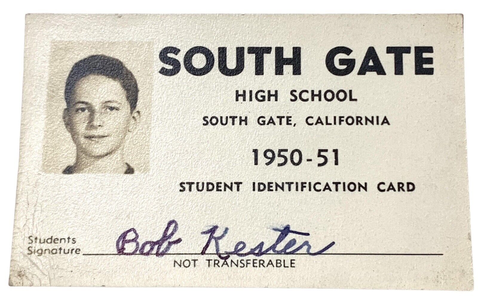 1950-51 South Gate California High School Paper Photo I.D. Card