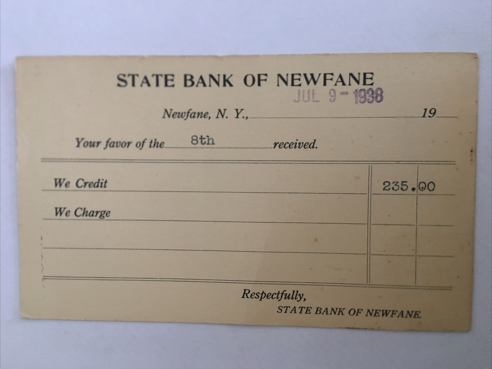 State Bank Of Newfane New York 1938 Vintage Postcard