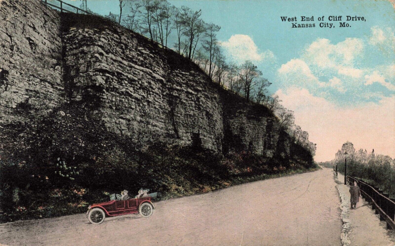 Kansas City MO Missouri, West End Cliff Drive Old Car, Vintage Postcard
