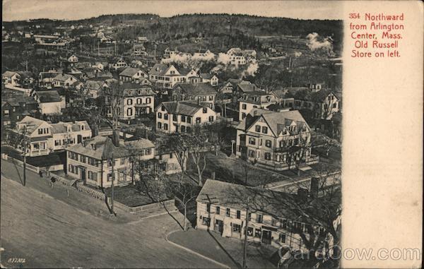 Northward from Arlington Center,Mass. Old Russell Store on Left,MA Postcard