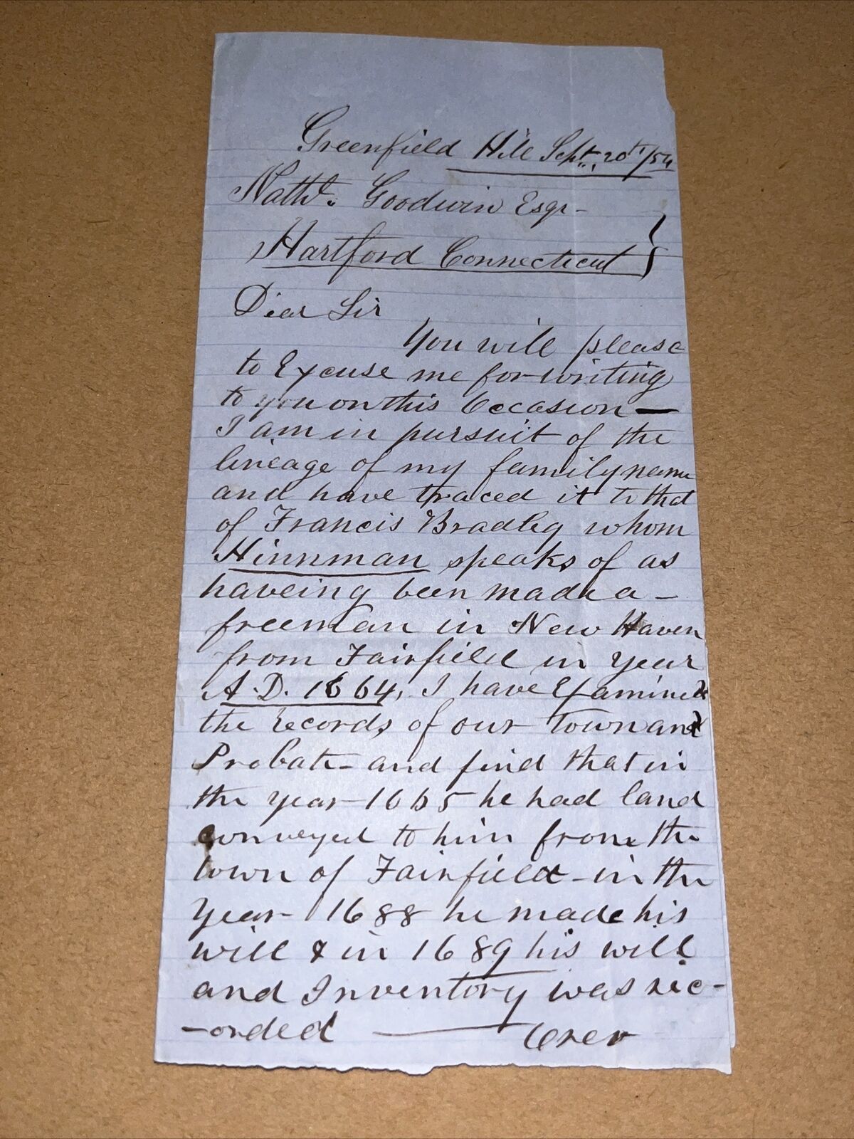 1854 Letter Francis Bradley Genealogy Greenfield Hill Fairfield CT Govenor Eaton