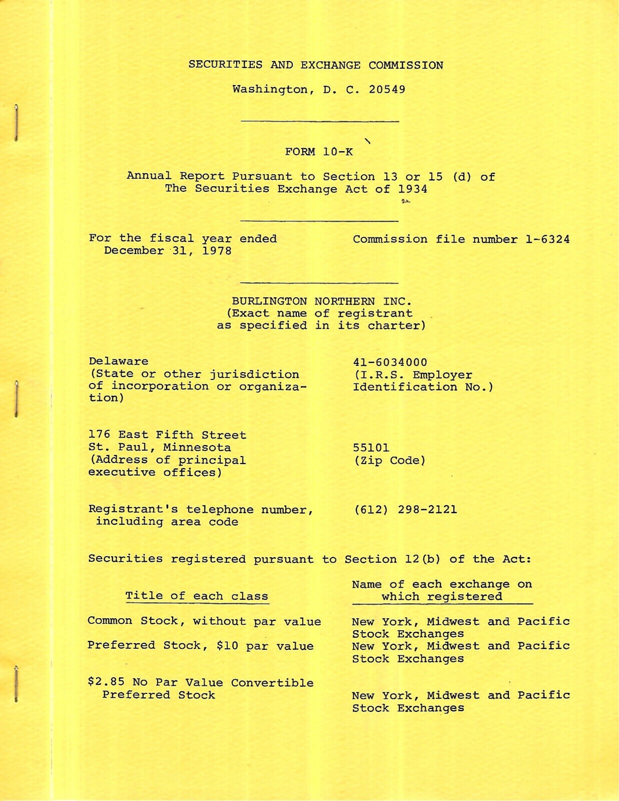 BN BURLINGTON NORTHERN INC   ANNUAL REPORT  10-K  1978