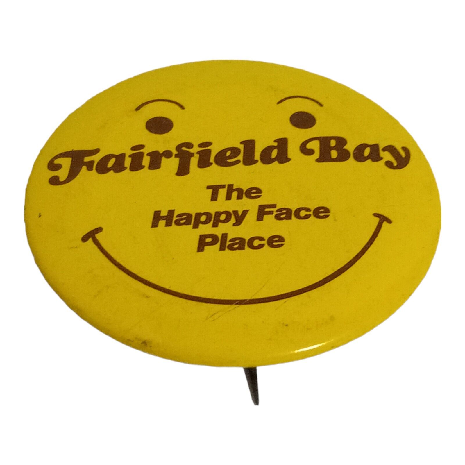 Vtg Fairfield Bay Happy Face Place Arkansas Button Pin Pinback Ozark Mountains  