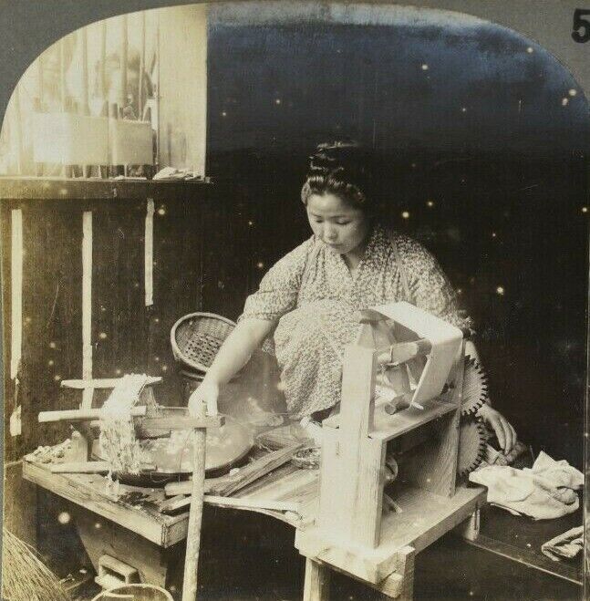 c1910s Kiryu Japan Woman Reeling Silk from Cocoons Antique Stereoview Card