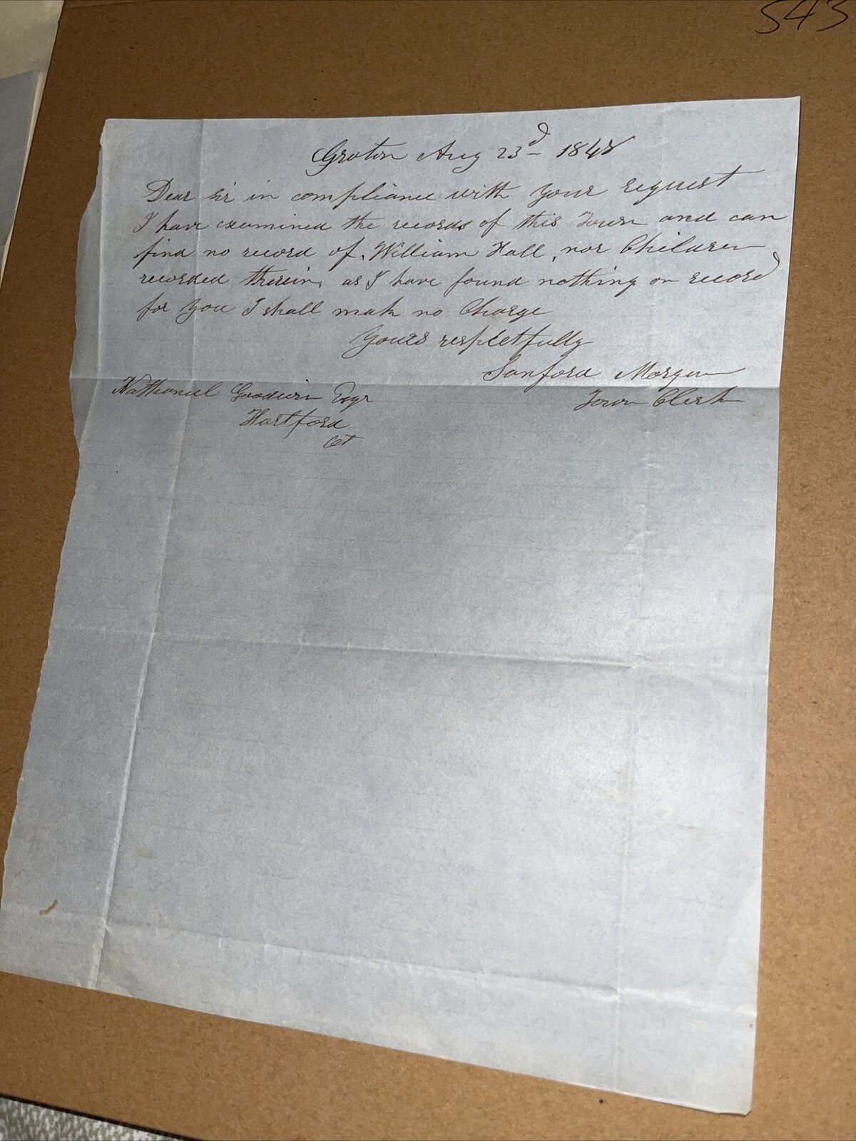 1848 Groton Town Clerk Letter to Famous Hartford Genealogist: Genealogy Request