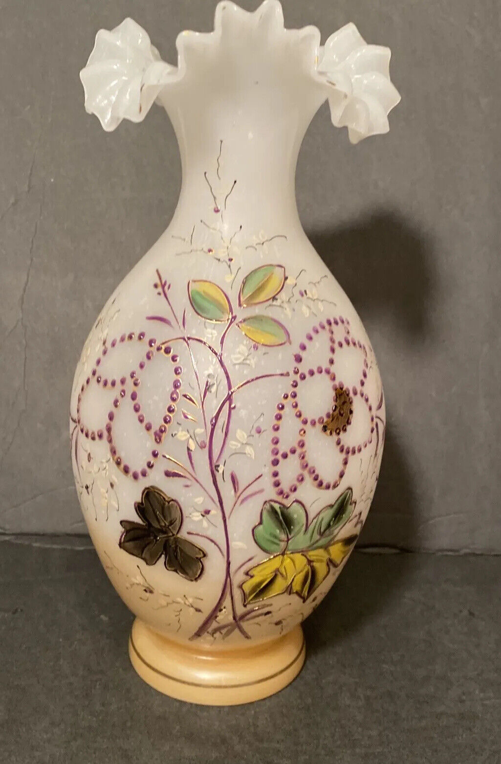 Antique Handblown Bristol Glass Vase Hand Painted Enameled Flowers Ruffled Top