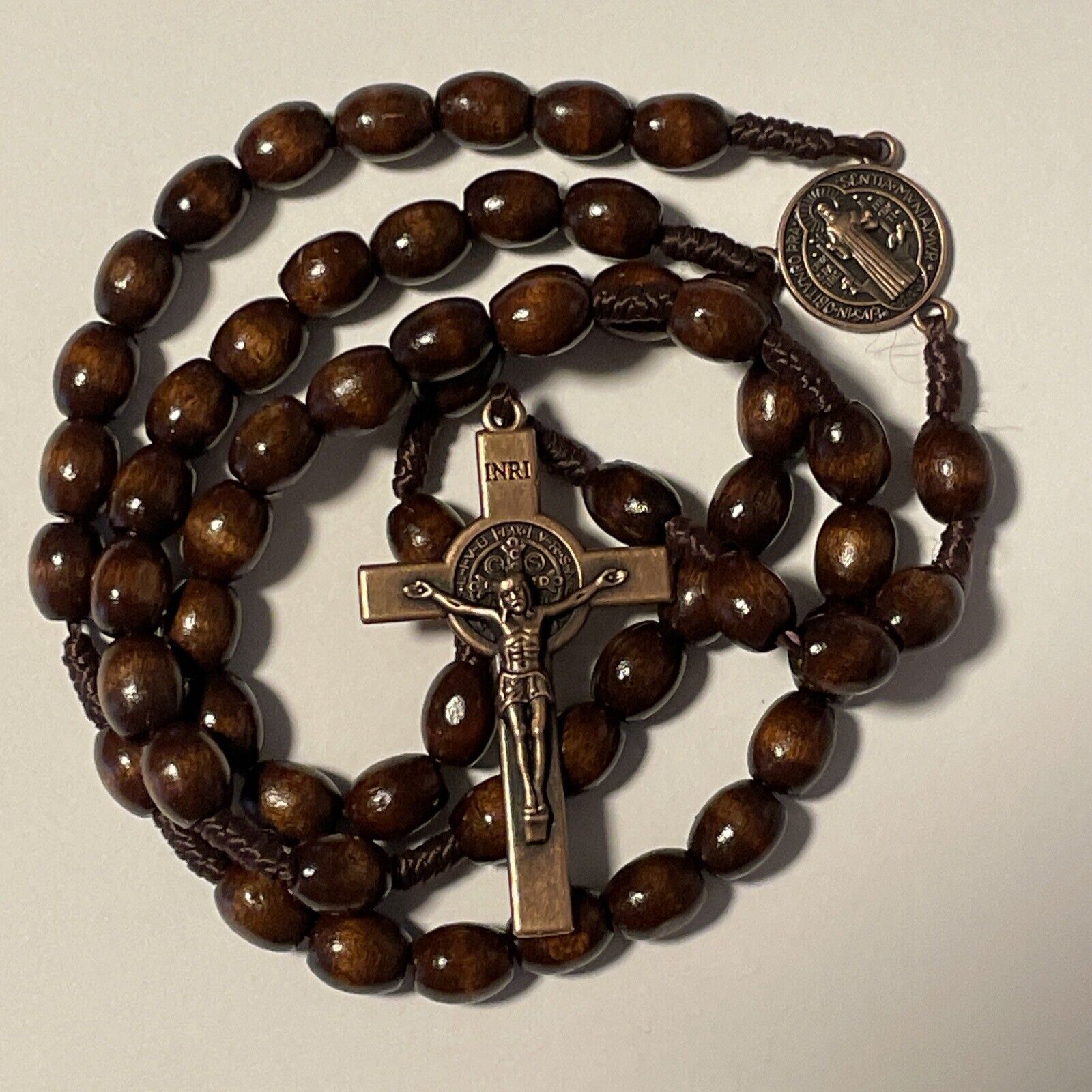 Saint St Benedict Weave Handmade Holy Catholic Rosary Wooden Beads Copper Cross