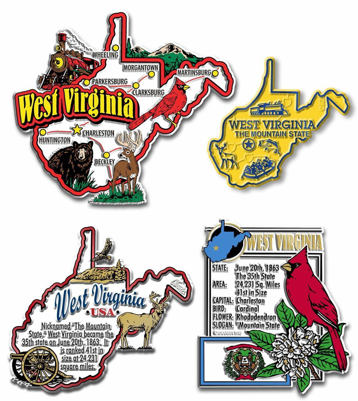 West Virginia Four-Piece State Magnet Set by Classic Magnets, Includes 4 Unique