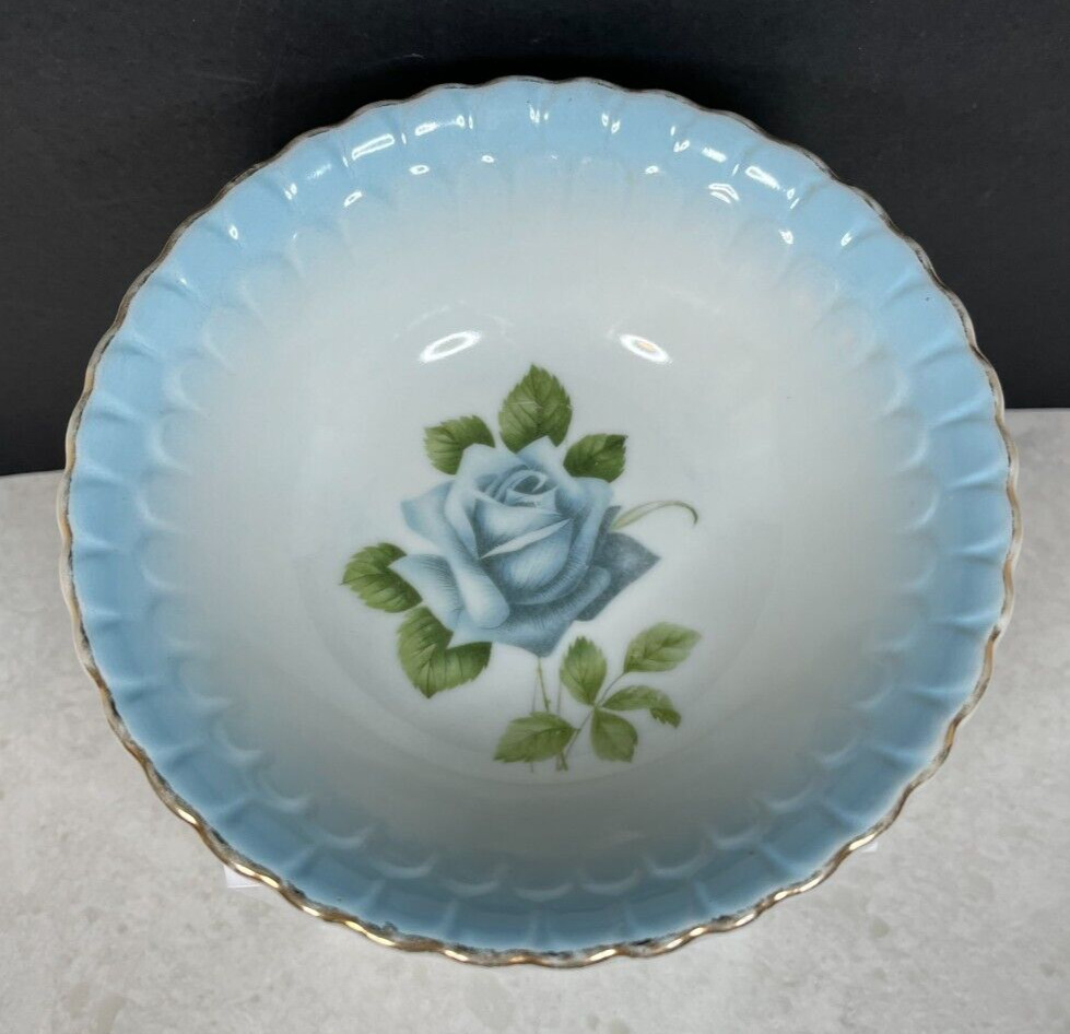 Vintage Wheelock Trade Blue Rose Scallop Edge Porcelain Bowl - #8965